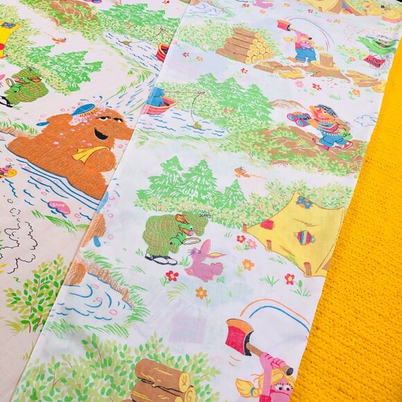 80s Sesame Street Muppets Camping TWIN Bed FLAT Top Sheet Vintage Bedroom Decor - Picture 3 of 13